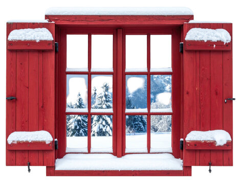 Red window open, snowy view