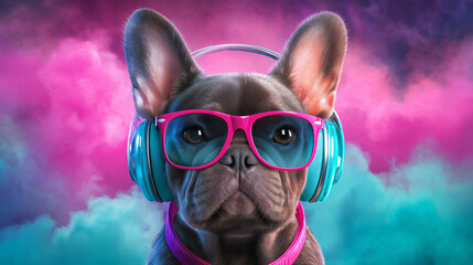 Naklejka premium Neon French Bulldog DJ Close-Up Portrait with Headphones and Pink Glasses, Cute Dog Face, Vibrant Pink Teal Smoke Background, Futuristic Music Vibe
