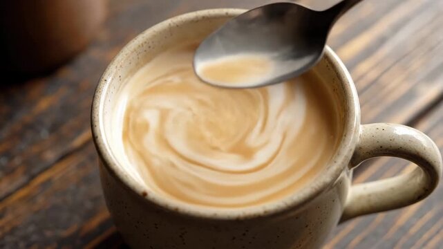 Close up of a person's hand stirring a ceramic mug filled with coffee and cream creating swirling patterns on a rustic wooden table with soft natural light highlighting the rich brown and white