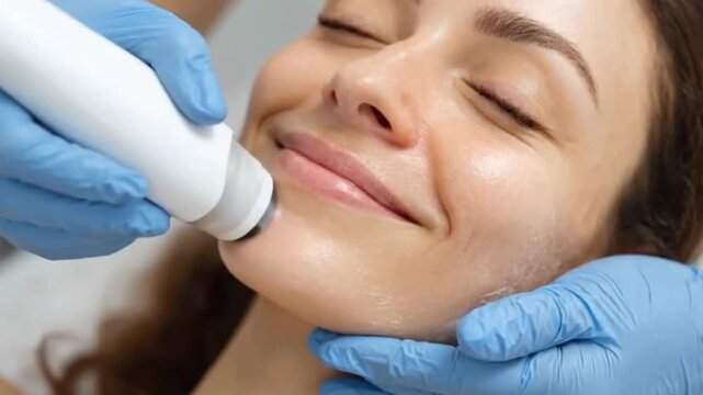 A serene close-up captures a person enjoying a professional skincare treatment, highlighting an experience of beauty and rejuvenation. An expert, wearing sterile blue gloves, meticulously glides a mod