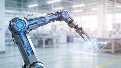 Futuristic robotic arm interacting with hologram