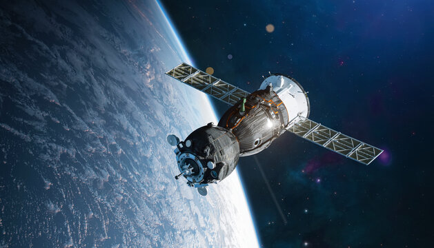 Spaceship on orbit of Earth planet. View from ISS station. Nebula and stars. Spaceship. Elements of this image furnished by NASA. Photo collage. Not AI