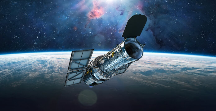 Space telescope Hubble on orbit of Earth planet. Stars and galaxies science research. Elements of this image furnished by NASA. Photo collage. Not AI