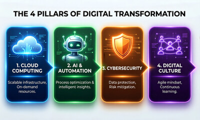 Digital transformation infographic with cloud computing, AI, cybersecurity, and culture icons