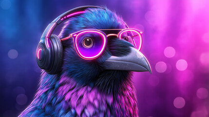 Obraz premium Neon Raven DJ Portrait Wearing Headphones and Pink Glasses, Futuristic Bird Character, Vibrant Purple Blue Bokeh Background