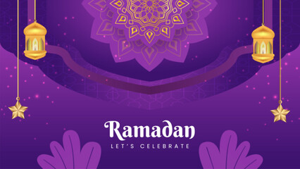 Ramadan celebration background with hanging lanterns stars and floral mandala © Siti