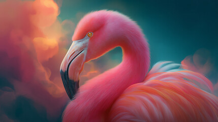 Vibrant Pink Flamingo Close-Up Portrait with Soft Bokeh Background, Dramatic Colorful Feathers and Dreamy Tropical Mood