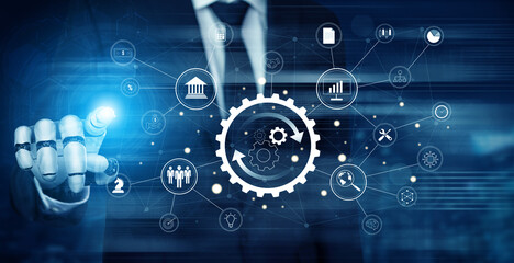 Obraz premium Using AI for business process automation and operations management. A concept for integrating and automating business functions with AI. Motif