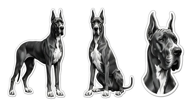 Three Great Dane Dog Portraits in Black and White.