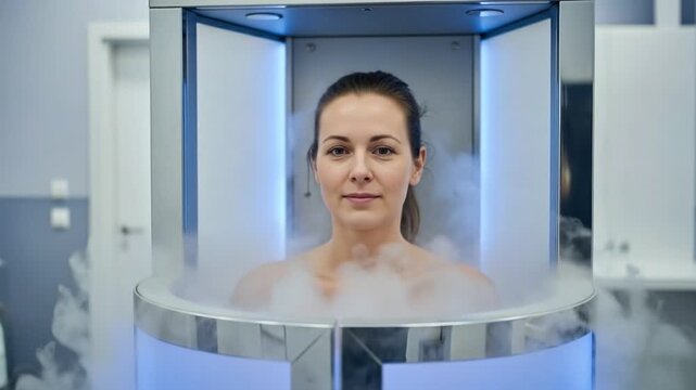 Woman undergoing cryotherapy treatment in a modern cryosauna chamber with cold vapor surrounding her