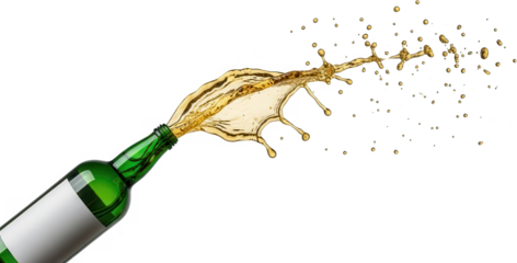 A green glass bottle with a white label is shown as golden liquid splashes dynamically from its opening drink beverage motion energy refreshing pour pouring transparent background