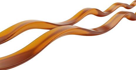 Smooth flowing glossy caramel ribbons curving dynamically across the composition with rich warm inviting tones liquid sweet food dessert golden brown confectionery transparent background