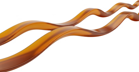 Smooth flowing glossy caramel ribbons curving dynamically across the composition with rich warm inviting tones liquid sweet food dessert golden brown confectionery transparent background