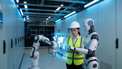 Woman with robot in data center