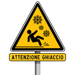 Cartello di attenzione ghiaccio, pavimento scivoloso, rischio di caduta, condizioni invernali, pittogramma di sicurezza