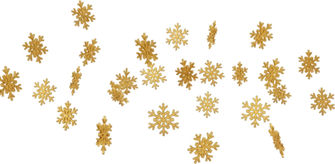A collection of golden snowflake illustrations falling and scattered creating a festive holiday atmosphere glitter winter christmas celebration season transparent background