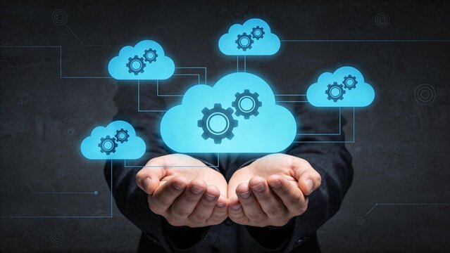 Hands holding cloud computing icons - Powered by Adobe