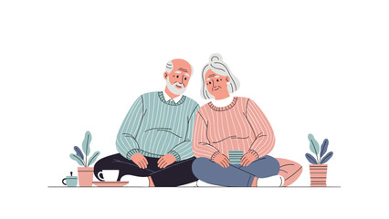 A happy and content elderly couple, a man and a woman, sitting comfortably on the floor with coffee cups and small plants, symbolizing peaceful retirement and enduring love.