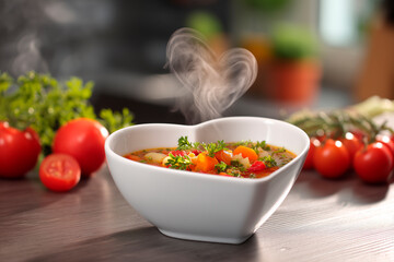 Heart shaped bowl filled with vibrant vegetable soup rests on kitchen counter. Fresh tomatoes and herbs surround steaming bowl. Nourishing meal prepared with care