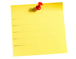 Yellow lined note pinned, red pushpin, bright sunshine
