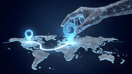 Robotic hand connecting global digital network on world map, artificial intelligence technology concept for automation, data connectivity, smart systems, and future worldwide communication