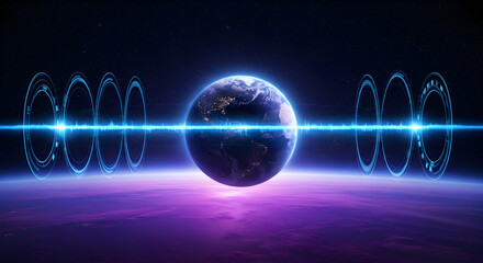 Futuristic Earth with glowing rings and light beam, global technology concept.