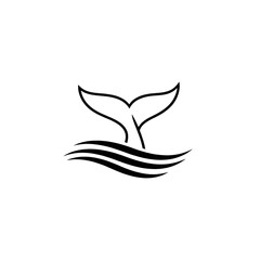 Fototapeta premium Whale Tail Fin and Ocean Waves Icon – Minimalist Nautical Vector Logo Representing Marine Life, Sea Conservation, Wildlife Tourism, and Aquatic Adventure – Black Line Art Design