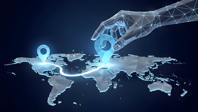 Robotic hand connecting global digital network on world map, artificial intelligence technology concept for automation, data connectivity, smart systems, and future worldwide communication - Powered by Adobe