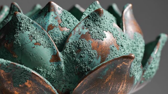 Close Up Of A Textured Copper Lotus Flower Sculpture With Verdigris Patina Being Worked On By A Rotary Tool On A Neutral Gray Background Demonstrating Craftsmanship And Artistry