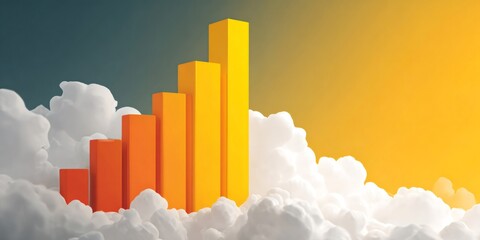 Bar chart rising above clouds indicating growth and success