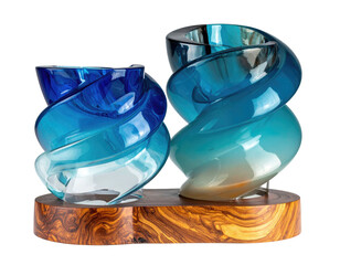 Swirled blue glass sculptures atop wood base