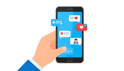 A hand holds a smartphone displaying chat bubbles with like icons and a notification