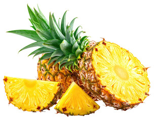Sliced pineapple showing yellow fruit, green leaves