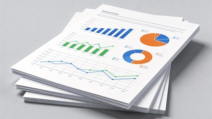 Stack of printed business reports with charts