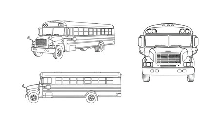 Detailed line drawings of a school bus from multiple angles © Ziaul_Studio