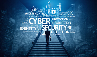 A silhouette of a businessman ascending stairs symbolizes progress in cyber security. The background features essential terms surrounding data protection and threat detection. Tessel