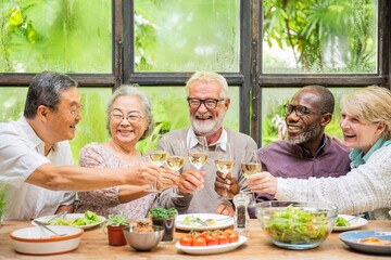 Group of diverse seniors enjoying a meal, toasting with wine. Happy elderly friends, diverse...