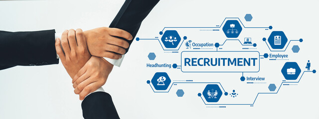 Visual representation of recruitment process highlighting teamwork and collaboration, featuring various icons that depict job searching and employment dynamics for effective hiring strategies. Amity