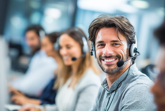 Portrait of a smiling male customer support representative wearing a headset in a busy call center. A diverse team of professionals works in the blurred background. - Powered by Adobe
