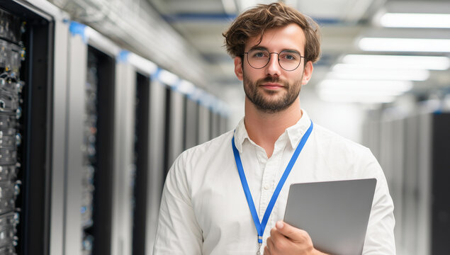 A professional IT technician with glasses and a lanyard holding a tablet in a modern data center with server racks. Eye-level shot, bright lighting, tech workspace background. - Powered by Adobe