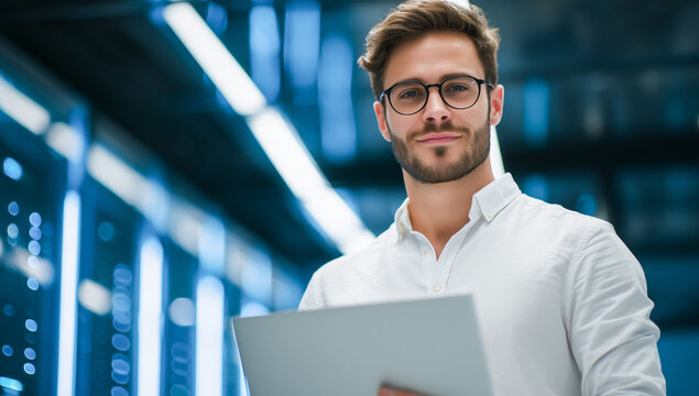 Portrait of a confident IT specialist wearing glasses and a white shirt, holding a laptop in a high-tech data center. Blurred server racks with blue LED lights in the background. - Powered by Adobe