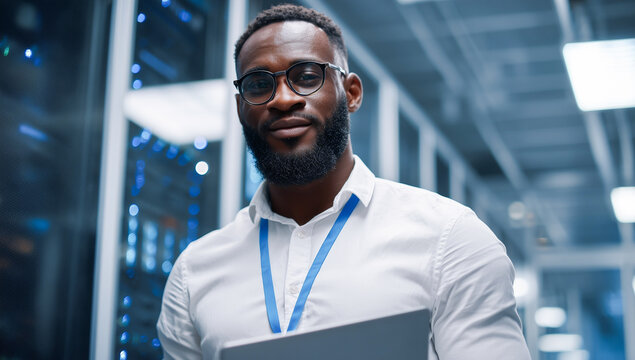 Professional IT engineer in white shirt and glasses holding laptop in modern data center server room. Low angle view, blue glowing server racks in blurred background. - Powered by Adobe