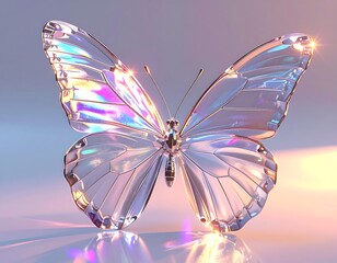 A luminous butterfly crafted from reflective material, displaying iridescent hues. The background gradients from peach to soft purple