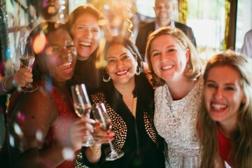 Group of diverse women friends celebrating at party, smiling and holding champagne glasses. Festive party with diverse women friends with champagne celebrating. Diverse women friends at party