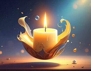 A luminous, central candle burns brightly, held within an ornate, swirling, golden vessel. Soft bokeh and gentle gradients add depth