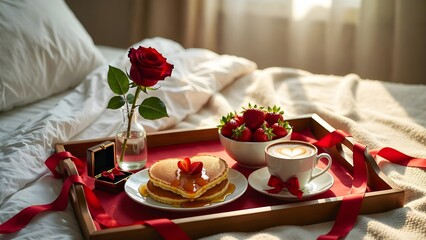 Romantic Breakfast in Bed with Heart Shaped Pancakes, Strawberries, Coffee and Red Rose