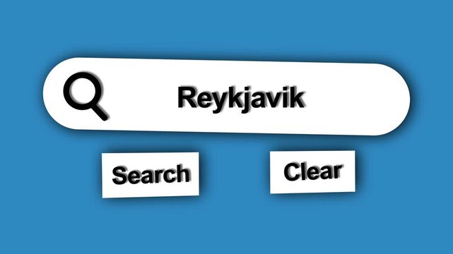 Search bar with Reykjavik text on blue background, online search concept, digital interface