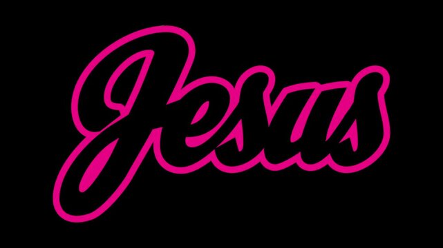 Jesus cursive lettering with pink outline and green fill on black background, seamless loop animation