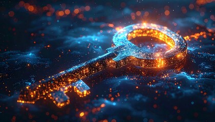 A luminous, digitized key, its intricate form outlined in shimmering orange and blue lights against a nebula-like background