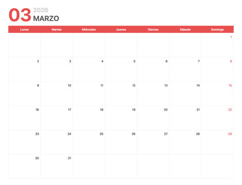 Calendario 2026. La semana del calendario 2026 comienza en lunes. Calendario corporativo minimalista y limpio para Marzo 2026